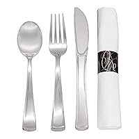 Party Essentials Party Supplies Wrapped Silverware Set Disposable, Pre Rolled Napkin and Cutlery, Spoons/Forks/Knives Silver, 50 Units