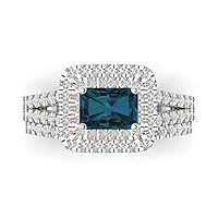 Clara Pucci 1.7ct Emerald Cut Halo Solitaire Natural London Blue Topaz Engagement Anniversary Bridal Ring Band set 18K 2 tone Gold