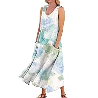 Denim Dresses for Women 2024 Casual Comfortable Floral Print Sleeveless Cotton Pocket Dress