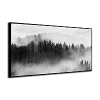 Foggy Forest Framed Wall Art: Landscape Canvas Print Black & White Picture Artwork for Wall (48''W x 24''H)