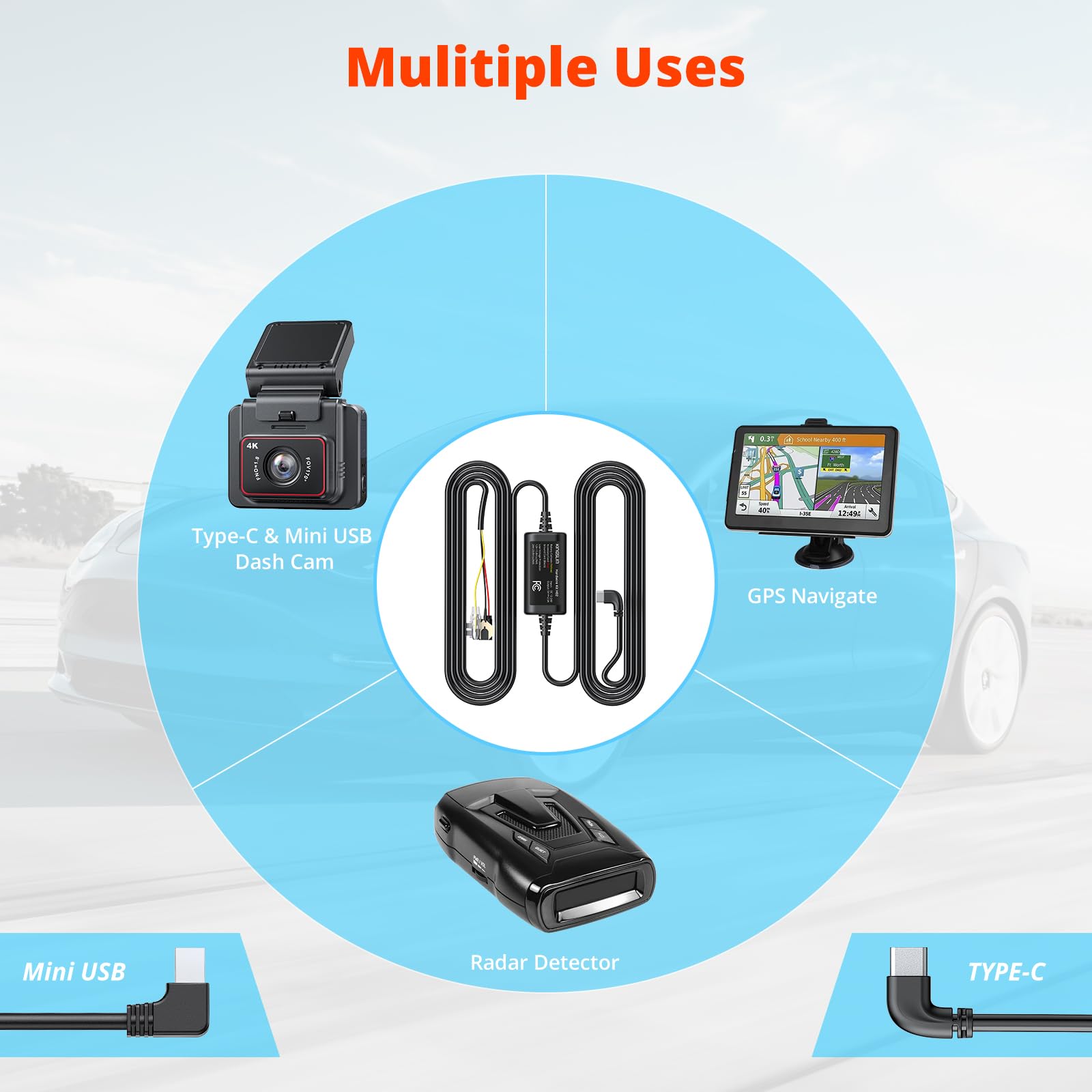 Kingslim H02 Dash Cam Hardwire Kit 11.5ft, Type C/Mini USB 2 in 1 for Dash Camera, Converts 12V-24V to 5V/2.5A Low Voltage Protection Enables Parking Mode for Kingslim Series Dashcams