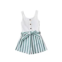 WDIRARA Girl's Striped Button Front Sleeveless Belted Rib Knit Tank Romper Jumpsuit Shorts