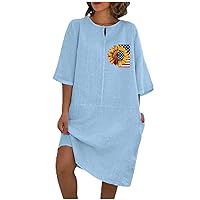Womens Cotton Linen Midi Dress Sunflower Flag Print Loose Fit Crewneck Half Sleeve Casual Summer Vintage Tunic Dresses