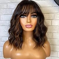 Highlight Bob Wig with Bangs Human Hair Wig 1b/30 Color Short Bob Wavy Brazilian Remy Human Hair 13x4 HD Transparent Lace Front Wig Pre Plucked 150% Density Bleached Knots Glueless Wigs 10inch