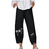 Women's Summer Casual Pants Cotton Linen Elastic Waist Trousers Dandelion Print Relax Fit Beach Capri Pants with Pocket