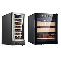 KingChii 15 Inch 31 Bottle Wine Cooler Refrigerator + 48L Electric Cigar Humidors, Temperature Control Cabinet with Spanish Cedar Wood Shelves (350 Counts Capacity)