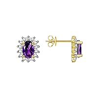14K Oval Amethyst February Birthstone - Yellow Gold Halo Stud Earrings - Exquisite Birthstone Jewelry for Women & Girls by Rylos