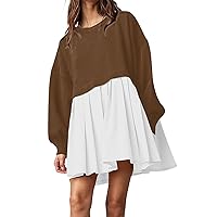 Mini Pleated Dresses for Women Oversized Sweatshirt Dresses Casual Colour Blocked Long Sleeve T Shirt Tunic Dresses