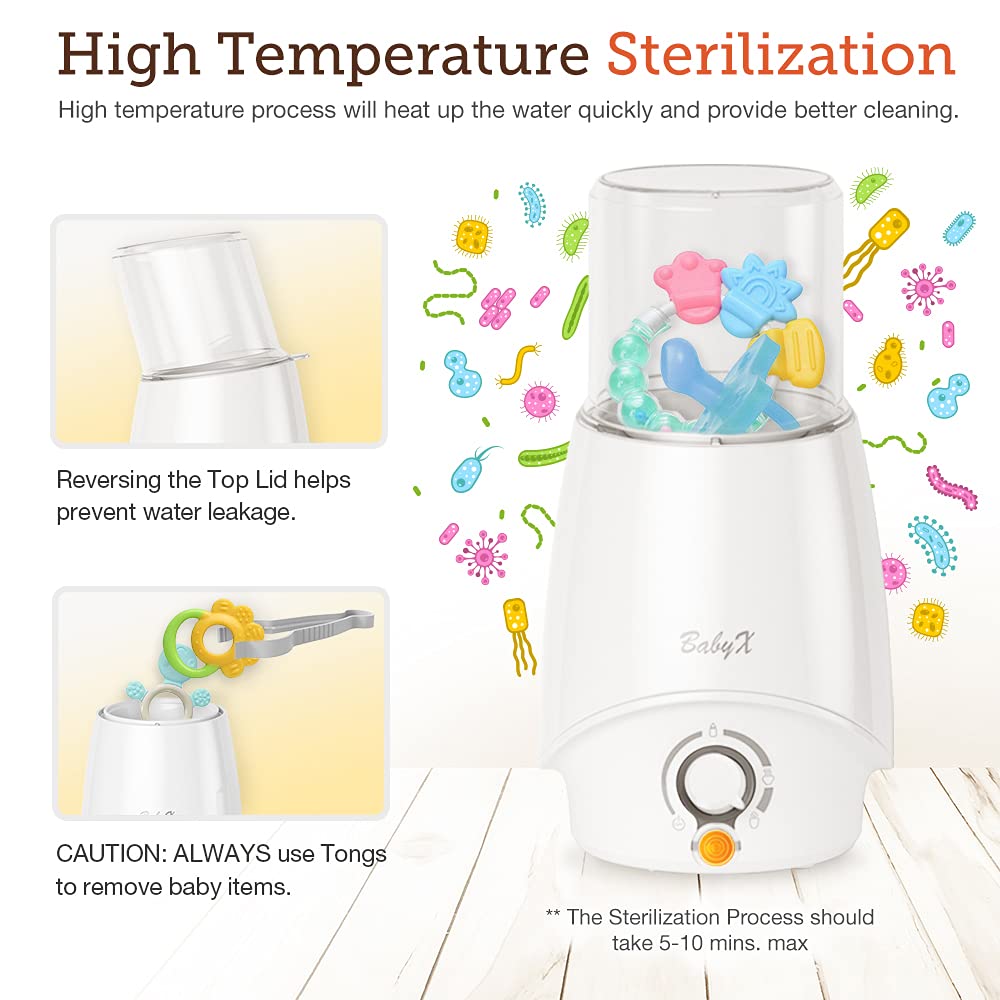 BabyX Fast Bottle Warmer for Breastmilk, Infant Formula, Baby Food Heater Quickly Warm and Sterilizer, Sanitize Pacifiers and Fits Most Bottle Size [Built-in Smart Temp. Controller]