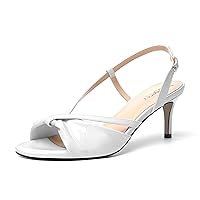 Womens Solid Round Toe Wedding Shiny Patent Slingback Buckle Stiletto Mid Heel Heeled Sandals 2.5 Inch