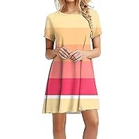 Womens Summer Casual Dresses Gradient Short Sleeve Dress Striped T Shirt Dress Beach Skirts Flowy Mini Dress