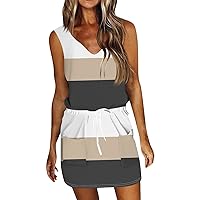 Women Sun Dress Sundresses for Women 2024 Striped Print Casual Fashion Slim Fit with Waistband Short Sleeve V Neck Summer Dress Khaki X-Large