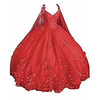 Modest 3D Floral Flowers Ball Gown Quinceanera Prom Dresses with Cape Corset 2024 Lace
