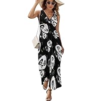 Panda Mama & Cub Bear Women's Dress V Neck Sleeveless Dress Summer Casual Sundress Loose Maxi Dresses for Beach