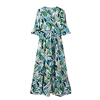 Women's Puff Sleeve V Neck Floral Print Pleated Layered Maxi Flared Chiffon Flowy Party Beach Maxi Dress
