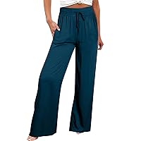 Women's Wide Leg Lounge Pants Summer High Waist Drawstring Loose Light Weight Fit Casual Trousers Comfy Palazzo Pants 2024