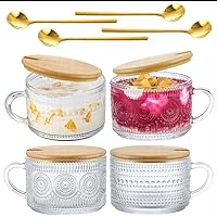 4pcs Set Vintage Coffee Mugs, Overnight Oats Containers with Bamboo Lids and Spoons - 14oz Clear Embossed Glass Cups, Cute Tea Coffee Bar Accessories, Suitable for Juice Beer Glasses, Cola Cups