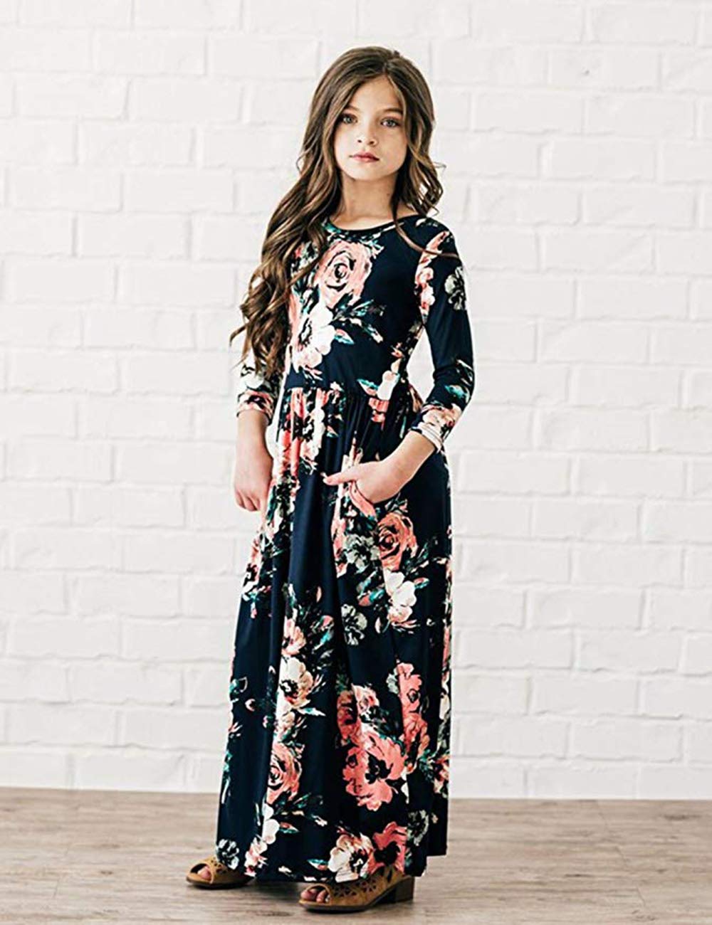 21KIDS Girls Maxi Dress Floral 3/4 Long Sleeve Dresses with Pockets for Girls 6-12 Years