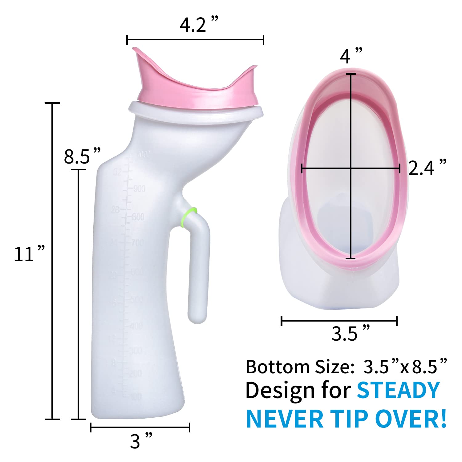 MINIVON Female Urinal for Women - 32oz/1000mL Pee Bottle Bedside, Glow in The Dark Urination Device for Elderly Bedridden Patients in Bed, Urinary Chamber Portable Urine Bottle for Travel