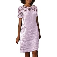 Women 2024 Casual Summer Dress Vintage lace Patchwork midi Dress Short Sleeve Crew Neck Elegant Beach Boho Shirt Dress