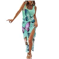 Summer Dresses for Women 2024 Floral Print Sleeveless Camisole Dress High Waist Ribbed Drawstring Ruched Sexy Side Slit Dress
