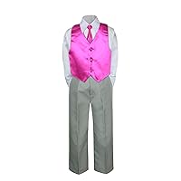 4pc Formal Baby Teen Boys Fuchsia Pink Vest Necktie Silver Pants S-7 (5)
