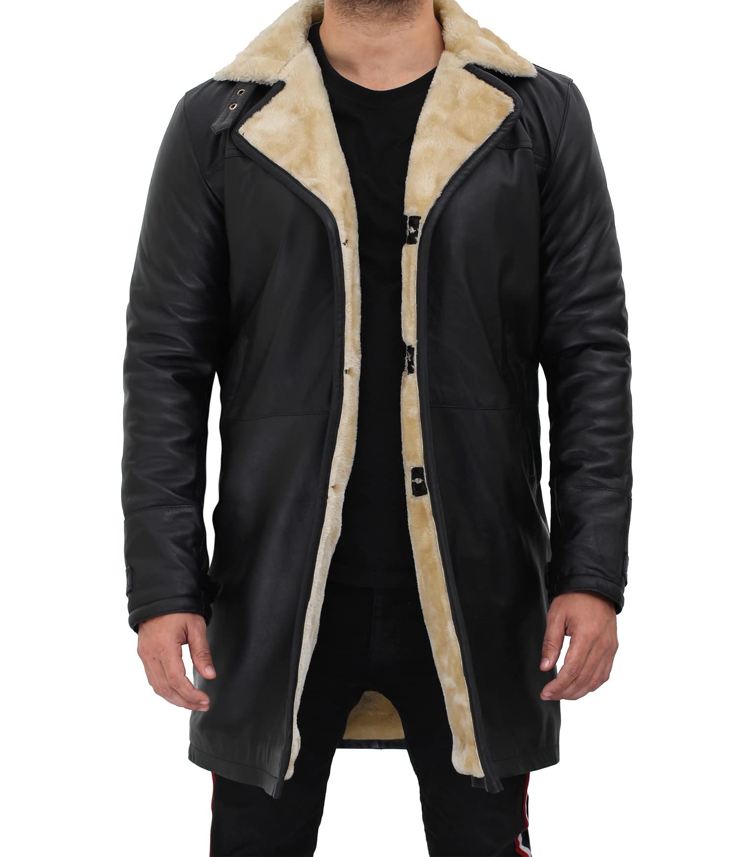 Blingsoul Black Trench Coat Men - Brown Winter Shearling Leather Jackets for Men