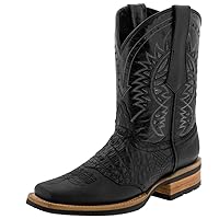 Texas Legacy Mens Black Western Leather Cowboy Boots Crocodile Print Square Toe