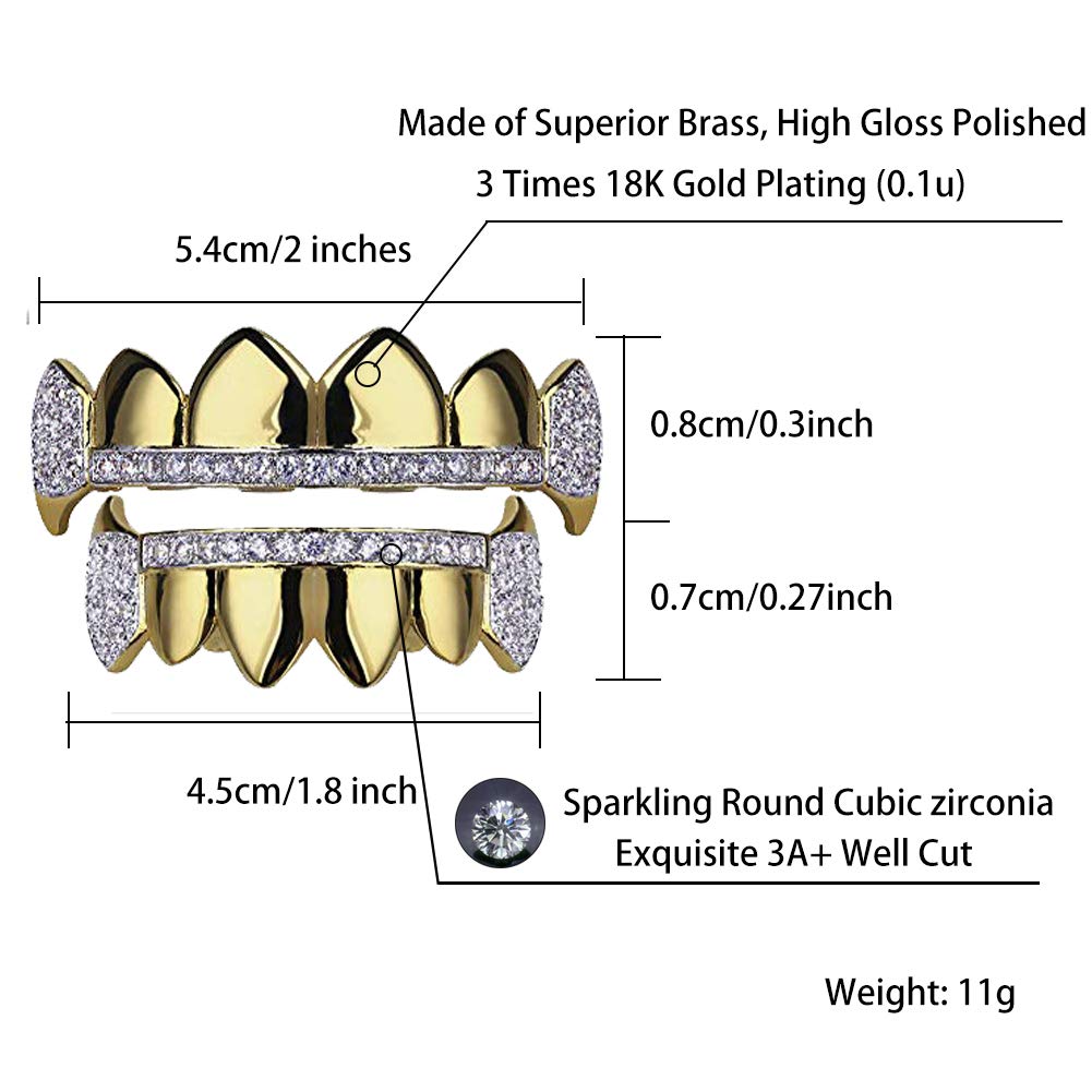 TOPGRILLZ 14K Gold Plated Iced Out CZ Top and Bottom Vampire Fangs Werewolf Grillz for Your Teeth Hip Hop Halloween Accessory