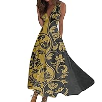 Dresses for Women 2024 Casual,Women's Long Casual Summer Sleeveless V-Neck Waist Retraction Printed Dress