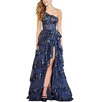 Women's One Shoulder Sequins Applique Tiered Prom Dress A-Line Sexy Side Slit Floor Length Evening Party Gowns