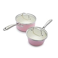GreenLife Artisan Healthy Ceramic Nonstick, 1QT and 2QT Saucepan Pot Set with Lids, Stainless Steel Handle, Induction, PFAS-Free, Dishwasher Safe, Oven Safe, Pink
