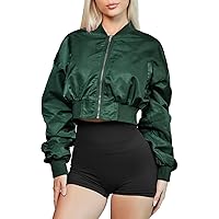 Womens Zip Up Cropped Bomber Jacket Y2K Trendy Crop Jackets with Pockets