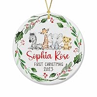 Unifury Personalized Baby First Christmas Ornament 2023, Keepsake for Babies First Christmas Tree, Holiday Decor for Celebrating Ceramic Babys 1st Christmas Ornament 2023, Safari Animal Holly