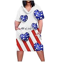 Plus Size Womens Stars Stripes Patriotic Knee T Shirt Dress Summer Short Sleeve V Neck Tunic Dresses with Pockets