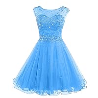 Women's A Line Beaded Homecoming Dress Short Tulle Sleeveless Cocktail Gown