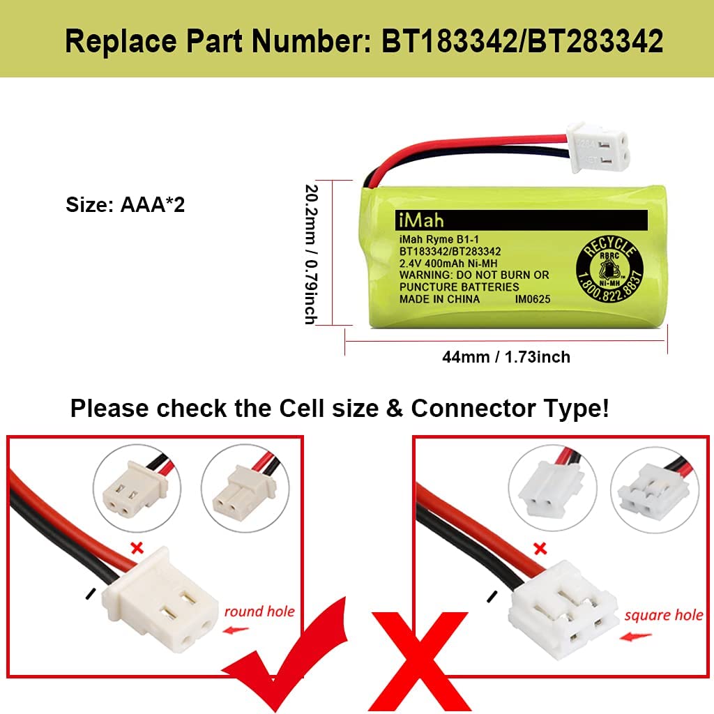 iMah BT183342/BT283342 2.4V 400mAh Ni-MH Battery Compatible with AT&T CL82207 EL52100 EL50003 VTech CS6709 CS6609 CS6409 BL102-3 Handset Replace Battery BT166342 BT266342 BT162342 BT262342, 2-Pack