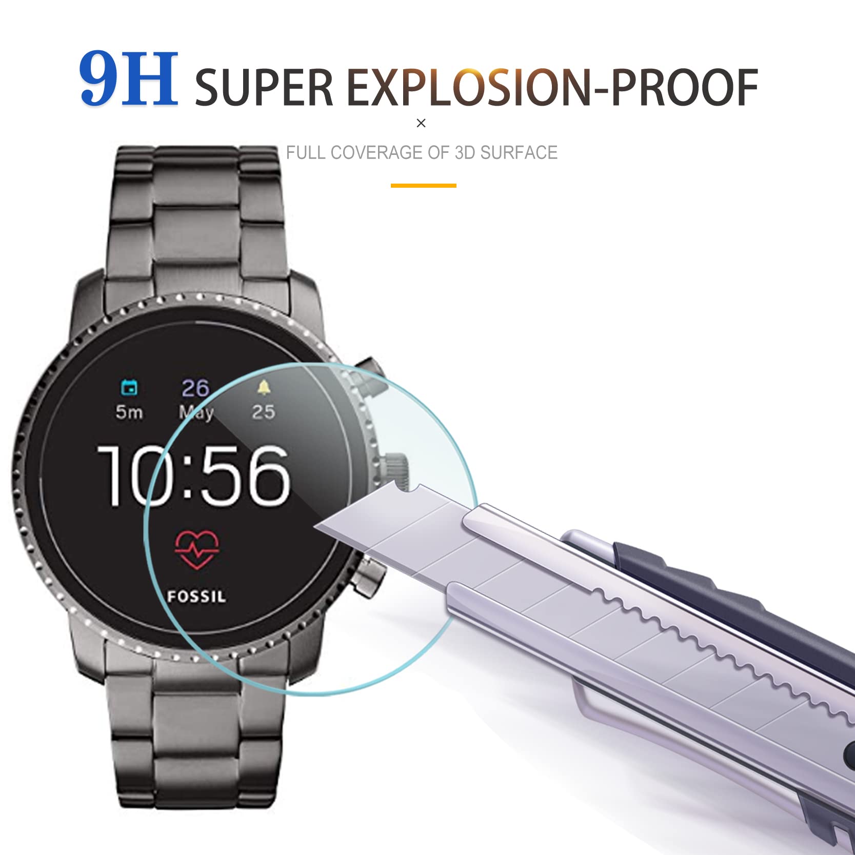 Diruite 3-Pack for Fossil Q Explorist HR Gen 4 Screen Protector Tempered Glass for Q Explorist HR Smartwatch [2.5D 9H Hardness][Anti-Scratch][Optimized Version]