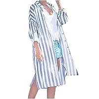 Women's Cotton Linen Drop Shoulder Button Down Lapel Shirt Dress Roll-Up Long Sleeve Casual Loose Trendy Tunic Dress