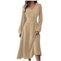 Long Sleeve Maxi Dress for Women V Neck Lantern Sleeve Elastic Waist A-line Maxi Plain Spring Dress