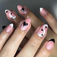24 Pcs French Tip Press on Nails Short Almond Fake Nails Valentine's Day Press on Nails with Black Love Heart Design Full Cover False Nails Glue on Nails Artificial Acrylic Nail Art for Women Girls