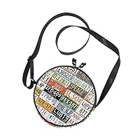 Old Aged License Plates Collage Museum Round Crossbody Bag Purse Messenger Bag