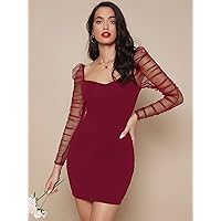 Women's Dress Ruched Sheer Mesh Gigot Sleeve Bodycon Dress (Color : Burgundy, Size : X-Large)