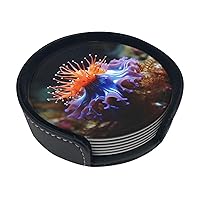 Nudibranch Print Leather Coasters Set of 6 Waterproof Heat-Resistant Drink Coasters Round Cup Mat with Holder for Living Room Kitchen Bar Coffee Decor