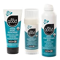 All Good Sport Mineral Face & Body Sunscreen - UVA/UVB Broad Spectrum, Water Resistant, Coral Reef Friendly, Gluten-Free - SPF 50 Butter Stick, SPF 30 Lotion & Spray