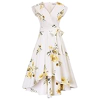 JASAMBAC Women's Floral High Low Dress for Wedding Guest Flowy Bohemian Empire Waist Swing Dress with Belt