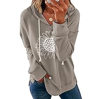 Women Sunflower Graphic Hoodies Long Sleeve Pullover Drawstring Sweatshirt Loose Fit Tunic Tops