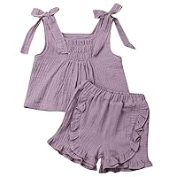 Baby Girls Cotton Linen Blend Straps Top and Bubble Shorts Ruffle Outfit Set