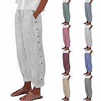 Summer Pants for Women,Casual Pants Stripe Print Side Button Trendy Pants Baggy Elastic Waist Straight Leg Comfy Trousers