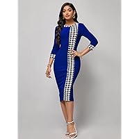 Dresses for Women - Houndstooth Print Bodycon Dress (Color : Blue, Size : Small)